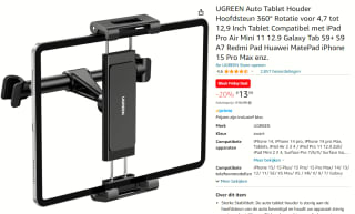 Ugreen Tablethouder voor aan de hoofdsteunen in de auto voor €13,59 bij Amazon