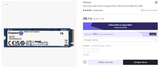 Disco Duro interno SSD Kingston NV2 1TB PCIe 4.0 NVMe M.2 2280 por 30.97€