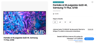 Samsung: Pantalla AI 55" QLED 4K Q70D, HDMI 2.1, 120hz