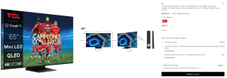 TV QD Mini LED 65" TCL 65C805, 4K UHD 1300 nits, Smart Google TV Dolby Vision y Atmos por 649€