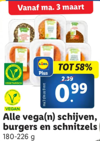 Alle vega(n) schijven, burgers en schnitzels voor €0,99 bij de Lidl