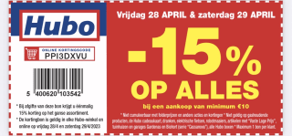 -15% op alles bij een aankoop van min10€ geldig 28&29 April 2023.