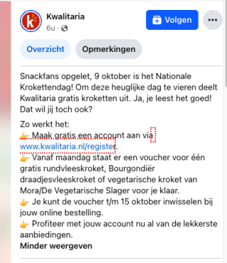 Gratis kroket op maandag 9 oktobertijdens Nationale Krokettendag bij Kwalitaria