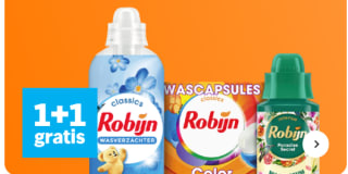 1+1 gratis op Robijn wasmiddel/wasverzachter + gratis Sun Briljant Shine + vaatwastabletten bij de AH