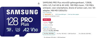 Samsung PRO Plus MicroSDXC 128 GB - Geheugenkaart voor €10,99 bij Amazon