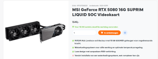 MSI GeForce RTX 5080 16G SUPRIM LIQUID SOC Videokaart voor €1.549 bij Uwgamespecialist
