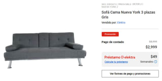 Sofá Cama Nueva York 3 plazas Gris por $2,999 en Elektra