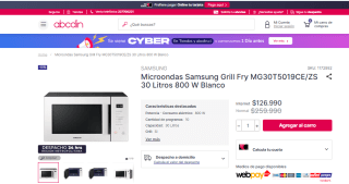 Microondas Samsung MG30T5019CE/ZS 800W de 30 litros por $126.990