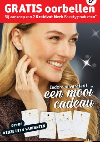 gratis set oorbellen t.w.v. 4.99 en een gratis cadeautasje in je winkelmand bij aankoop van 2 Kruidvat Merk Beauty producten