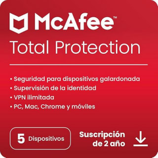 McAfee Total Protection 5 Dispositivo 1 Usuario 24 Meses Antivirus y seguridad en Internet (Windows/Mac/Android/iOS) por 24,95€