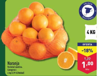 Naranjas españolas a 1 euro el kg en Aldi. Variedad navelina