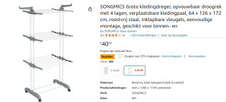 Songmics droogrek met 4 niveaus (64 x 126 x 172 cm) voor €30,74 bij Amazon