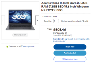Earn Acer Extensa 15 laptop from eBay as low as £430.46