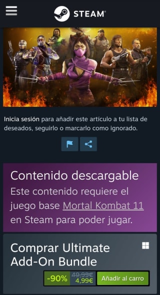 Complemento Mortal kombat 11 Ultimate Add-On Bundle desde Steam por 4,99€.