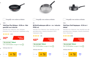 1+1 gratis op pannen van bv BK, DeBuyer, GreenPan & Tefal bij Bol