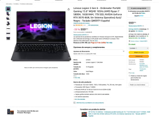 Lenovo Legion 5 Gen 6 15.6" WQHD 165Hz Ryzen 7 5800H 16G B 1TB RTX 3070-8GB por 999€