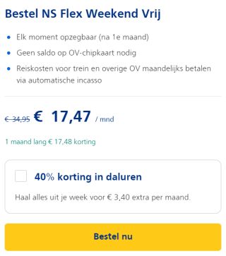 NS Flex Weekend Vrij – 1 maand voor € 17,47 per maand