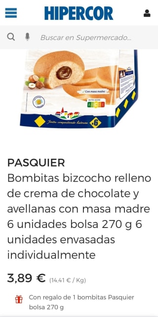 Pack de 2 Pasquier Bombitas Bizcocho relleno de chocolate 6 unidades 270gr por 3,89€.