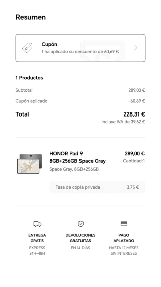 HONOR Pad 9 8/256GB 12.1" 120Hz 2.5K Fullview Display SD 6 Gen 1 8 Altavoces Cuerpo de Metal por 228,31€