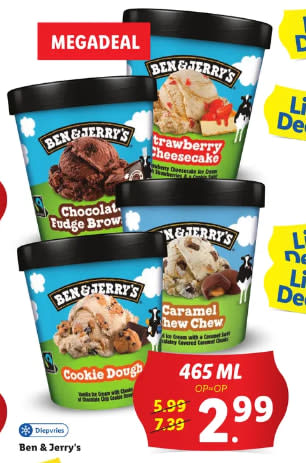 Diverse smaken Ben Jerry's 475 ml voor €2,99 bij de Lidl