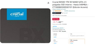 Disco Crucial BX500 1TB 3D NAND SATA 2.5 pulgadas SSD interno - Hasta 540MB/s (Edicion Acronis) por 42.99€