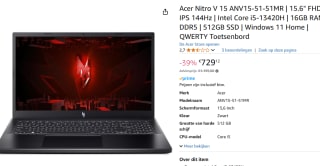 Acer Nitro V 15 Gaming Laptop | ANV15-51 | Zwart voor €729,12 bij Amazon