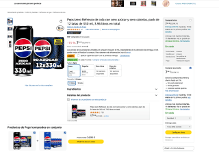 Pack 12x330ml Pepsi zero Refresco de cola con cero azúcar y cero calorías 3.96 litros por solo 6,57€