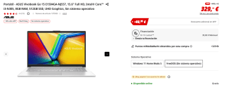 Portátil ASUS Vivobook Go 15 E1504GA-NJ557, 15.6" Full HD, Intel Core i3-N305, 8GB RAM, 512GB SSD, UHD Graphics, Sin sistema operativo por 279,65€