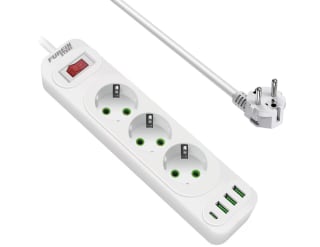 Regleta Enchufes con USB C Protección sobretensión con 3 Tomas y 3 USB Carga Rápida y 1 Tipo C 2 metros por 13,39€