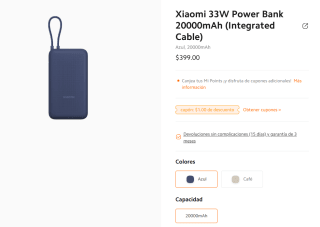 Xiaomi Shop: Xiaomi 33W Power Bank 20000mAh con Cable Integrado ($359 comprando 2 y cuenta nueva)