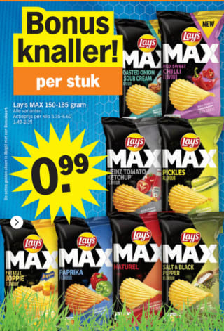 Lays Max 150-185 g voor €0,99 bij Albert Heijn