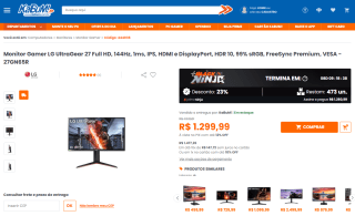 Monitor Gamer da LG, modelo UltraGear de 27 polegadas Full HD - R$ 1.299,99