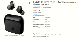 Skullcandy MOD True Wireless In-Ear - Draadloze Oortjes - voor €24,26 bij Amazon