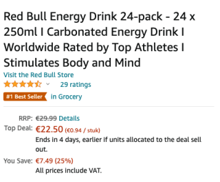 Redbull 24 stuks voor €0,94 per blikje of €0,84 bij abonneren