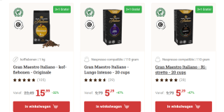 3+1 gratis op Gran Maestro Italiano koffies +2 gratis mokken dmv de code bij Koffievoordeelshop
