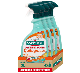 Sanytol Pack 4x750ml 3 L Limpiador Desinfectante Quitagrasas 100% Poder Antigrasa Elimina Bacterias Hongos y Virus Sin Lejía por solo 8,88€