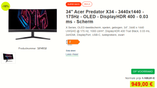 Acer Predator X34Vbmiiphuzx computer monitor 86,4 cm (34") voor €949 bij Proshop