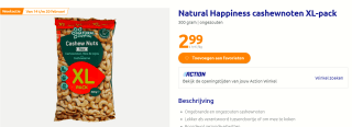 Natural Happiness cashewnoten XL-pack 300 gram voor €2,97 bij de Action