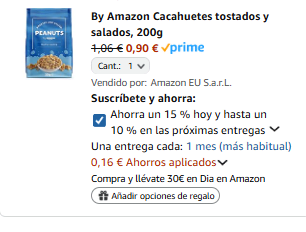 By Amazon Cacahuetes tostados y salados, 200g por 0,90€