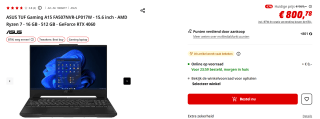 ASUS TUF Gaming A15 FA507NVR-LP017W - 15.6 inch voor €800,78 bij de Mediamarkt