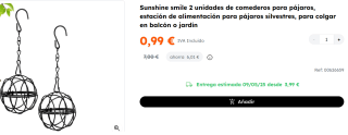 2 unidades de comederos para pájaros por 0.99€