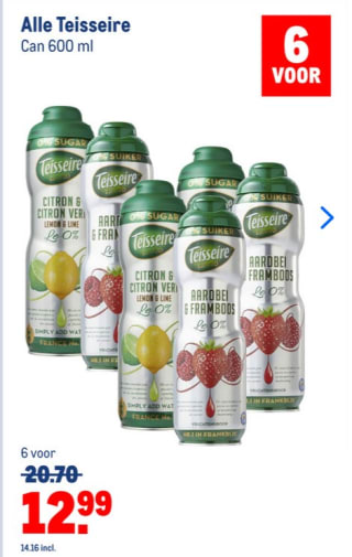 Alle smaken Teisseire siropen 6x 600ml voor €14,16 bij de Makro