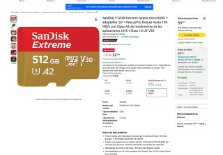 Tarjeta Clase A SanDisk 512GB Extreme microSDXC + adaptador SD + RescuePro Deluxe hasta 190 MB/s2 por 35,99€