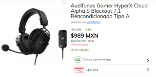 Audífonos HyperX Cloud Alpha S Blackout Reacondicionado por $989 en Claro Shop