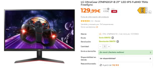Monitor LG UltraGear 27MP60GP-B 27" LED IPS FullHD 75Hz FreeSync por 129.99€