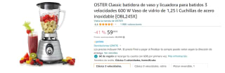 Batidora de vaso - Oster Clásica 4655 0004655ESP-050, 600W, 3 Velocidades, Jarra de vidrio, Acero por 59€