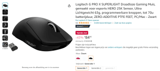 Logitech G Pro X Superlight draadloze gamingmuis voor €84,90 bij Amazon