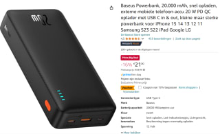 Baseus Powerbank, 20.000 mAh, snel opladen, externe mobiele telefoon-accu 20 W PD QC oplader voor €17,85 met Amazon prime