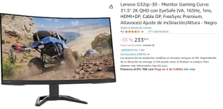 Monitor Lenovo Gaming Curvo de 31.5" 2K QHD 165Hz Freesync por 233,60€