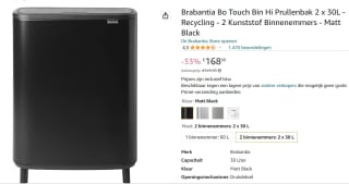 Brabantia Bo Touch Bin Hi Prullenbak 2 x 30L voor €168,99 bij Amazon